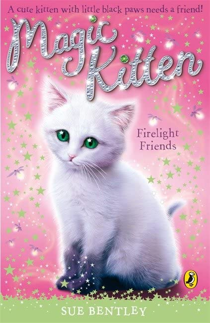 Book cover: white kitten with green eyes, sparkles, and pink background.