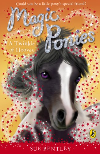Book cover: close-up of a dark bay and white pony with purple eyes.