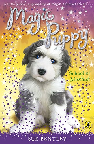 Book cover featuring a fluffy puppy with sparkling yellow and purple background.