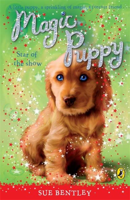 Book cover featuring a golden puppy with bright blue eyes and stars.