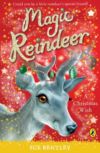Book cover: reindeer with Christmas ornaments, red sparkly background.