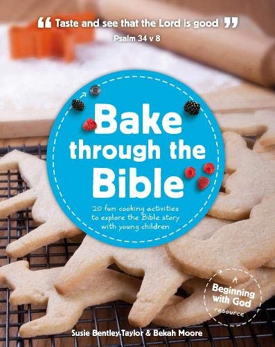 Book cover with baked goods, text “Bake through the Bible,” and berries.