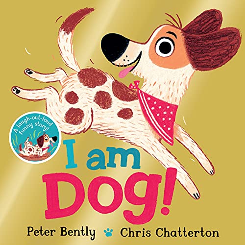 Illustration of a playful, spotted dog leaping forward with red bandana.