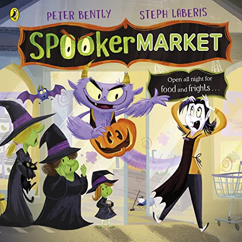 Book cover: "Spookermarket" depicts monsters shopping in a brightly colored store.