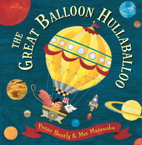 Yellow hot air balloon with a monkey and planets in a blue sky.