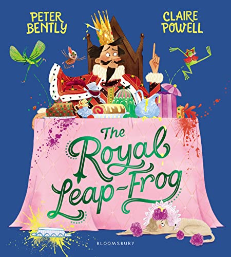 A king sits at a banquet table with a frog, insects, and a dog.