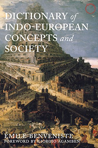 Book cover: “Dictionary of Indo-European Concepts and Society” with Tower of Babel image.