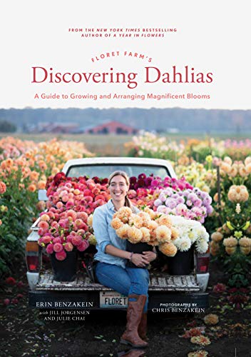 Book cover featuring a woman with dahlias in a flower field.