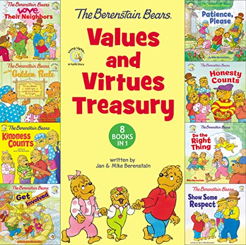 A yellow book cover featuring eight Berenstain Bears storybook illustrations and large red text.