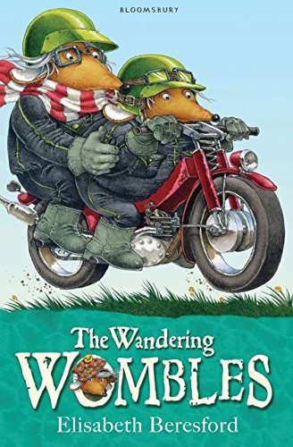 Two Wombles wearing helmets ride a red motorcycle through grass.