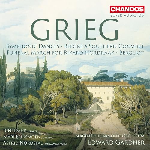 CD cover for Edvard Grieg’s Symphonic Dances with landscape painting.