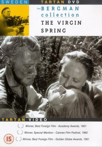 DVD cover for “The Virgin Spring” featuring two men and a woman.