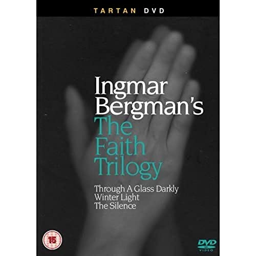 DVD cover for Ingmar Bergman's The Faith Trilogy featuring a grayscale image of a hand.