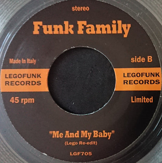 Close-up of a dark brown 7-inch vinyl record label with orange text.