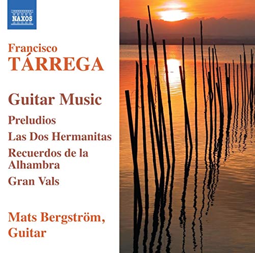 CD cover for Francisco Tárrega’s guitar music featuring a sunset landscape.