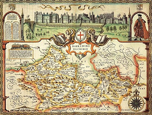 1610 map of Berkshire, England, with decorative elements and text.