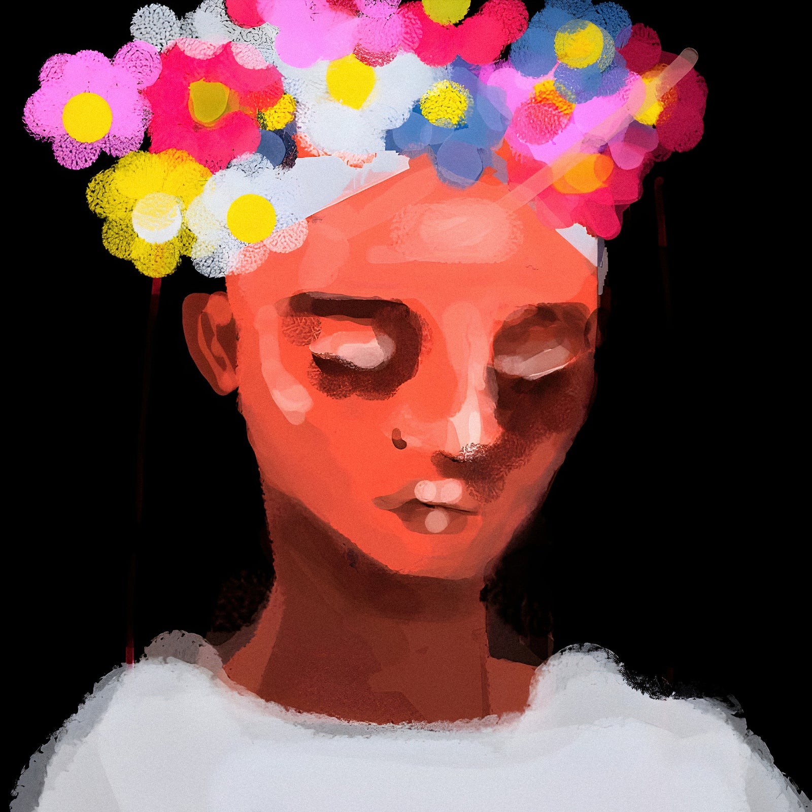 Painted portrait of a person with closed eyes wearing a colorful flower crown.