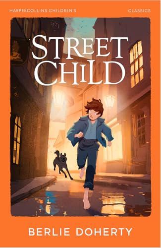 Book cover: a barefoot boy and dog run down a cobbled street.