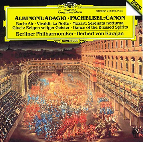 CD cover: Baroque scene with crowds, text listing composers Karajan, Albinoni, Pachelbel.