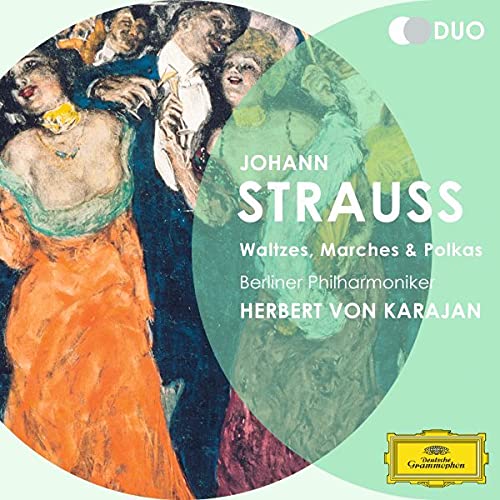CD cover featuring a painting of people waltzing, text: Strauss, Karajan.