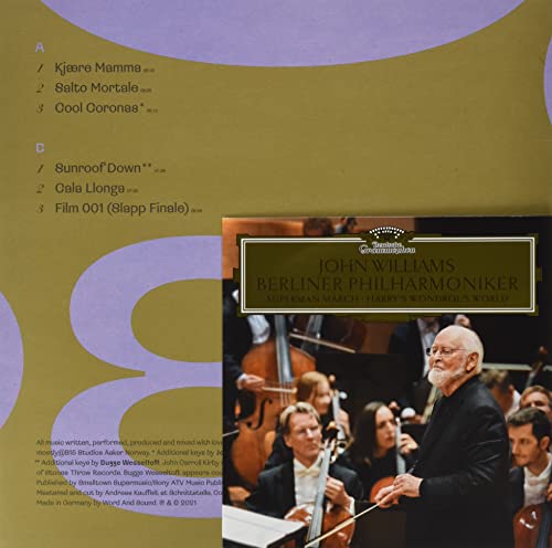 John Williams conducting the Berliner Philharmoniker with a tracklist overlay on a gold background.