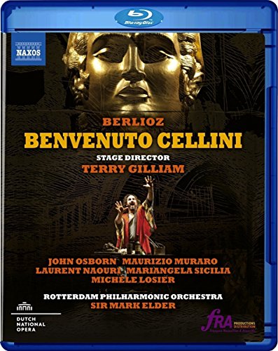 Blu-ray cover for Berlioz’s *Benvenuto Cellini* opera, featuring a golden mask.