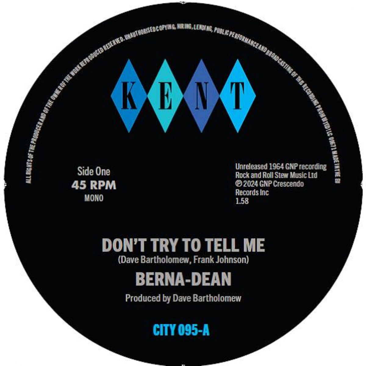 Black vinyl record label with blue Kent logo and song title details.