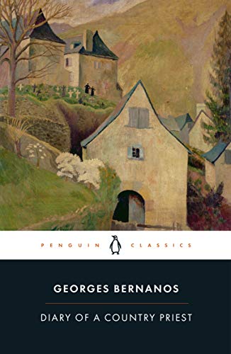 Painted village and church on book cover for “Diary of a Country Priest.”