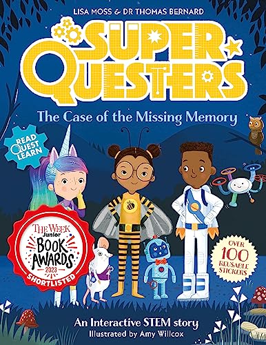 Book cover: "SuperQuesters" with children, a unicorn, robot, and bee.
