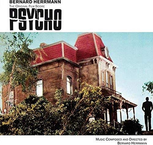 Psycho soundtrack album cover featuring the Bates house and a silhouetted figure.