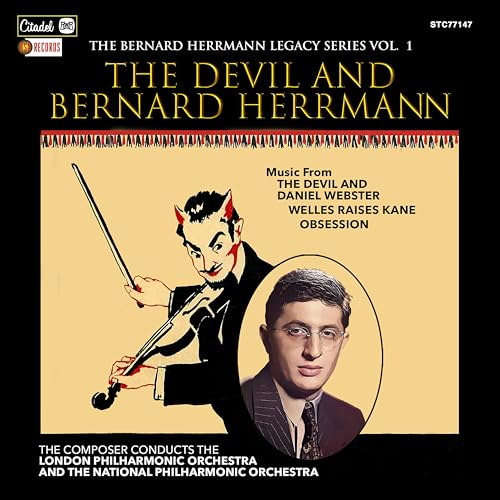 CD cover for "The Devil And Bernard Herrmann" featuring a devil playing violin.