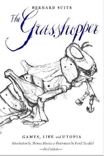 Book cover with a black and white grasshopper illustration and blue title text.