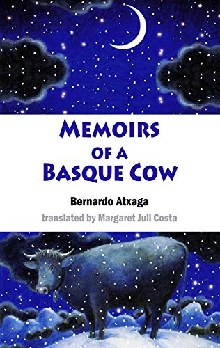 Book cover: blue cow in snowy landscape under a crescent moon.