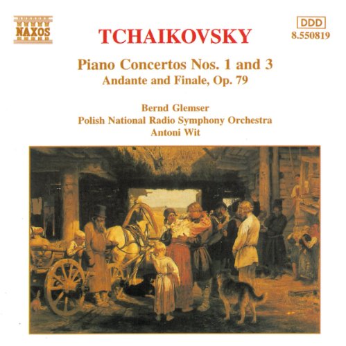 CD cover featuring Tchaikovsky piano concertos text above a painting of a rural scene.