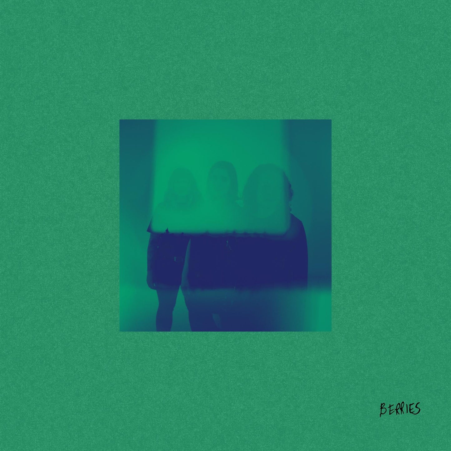 Blurry photo of three people in a dark room, vinyl record artwork.