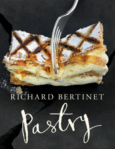 Close-up of a layered pastry with a fork, book title "Pastry".