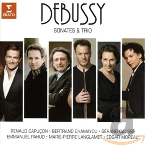 CD cover featuring six musicians' portraits with the title "Debussy: Sonates and Trio."