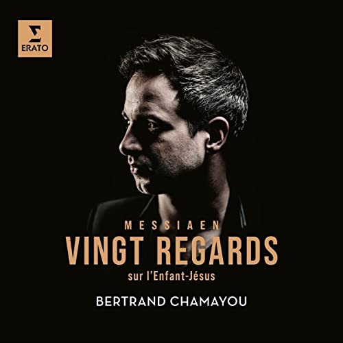 Close-up of pianist Bertrand Chamayou, album cover for Messiaen’s “Vingt Regards.”