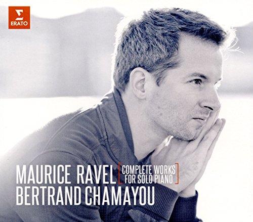 Bertrand Chamayou resting his chin on his hands, with Ravel album text overlay.