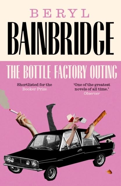 Book cover: "The Bottle Factory Outing" with collage of legs, car, and food.