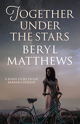 Book cover: woman with bicycle, starry sky, title "Together Under the Stars".