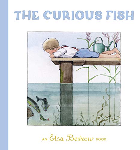 Book cover: boy by water looking at fish, illustrated style.