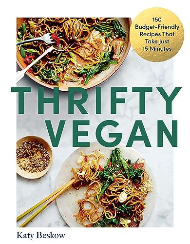 Cookbook cover featuring vegan noodle dish, title “Thrifty Vegan” and author Katy Beskow.