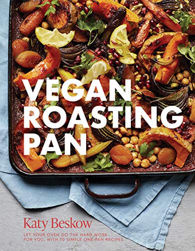 Cookbook cover with roasted vegetables and the title "Vegan Roasting Pan".