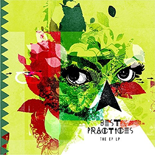 "Album cover with a green face and red flowers on a yellow background."