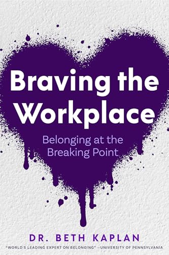 Book cover: purple heart shape with title “Braving the Workplace” and author name.