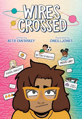 Book cover: "Wires Crossed" featuring a boy with curly hair and speech bubbles.