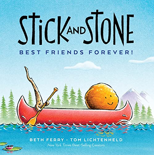 Stick and Stone in a red canoe on blue water with mountains.