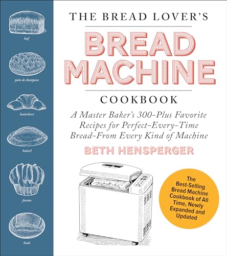 Book cover for The Bread Lover's Bread Machine Cookbook with bread illustrations and machine.
