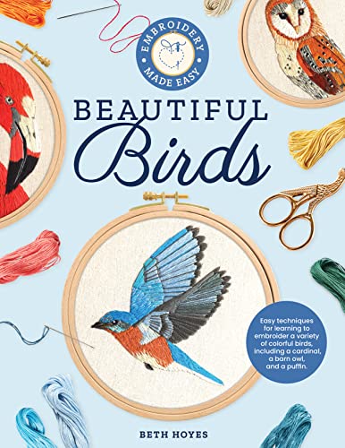 Book cover featuring embroidered birds in hoops with embroidery tools.